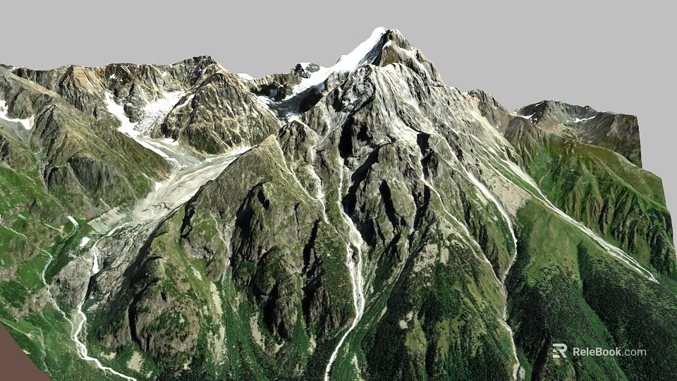 Garden Landscape Featuring Snow Capped Mountains Green Vegetation And Rocky Terrain 3d model 