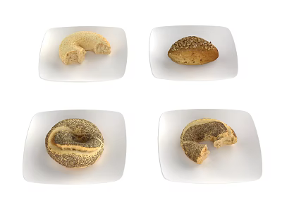 Various Types of Fresh Bread on White Plates with Sesame and Poppy Seeds 3d model