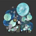 Cartoon Scene Featuring Blue Teal Circular Floral Shapes White Dots Yellow Accents And Green Stems