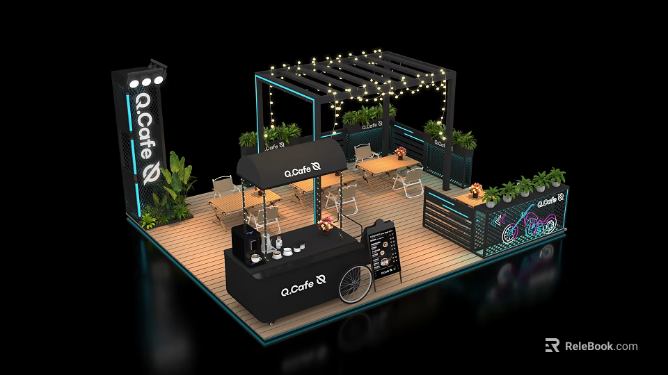 Cafe Style Coffee Break Area With Tables Chairs String Lights And Green Plants 3d model