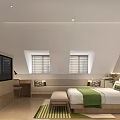Modern Hotel Guest Room Interior With Vaulted Ceiling Green Pillows Wooden Wardrobe And Decorative Painting