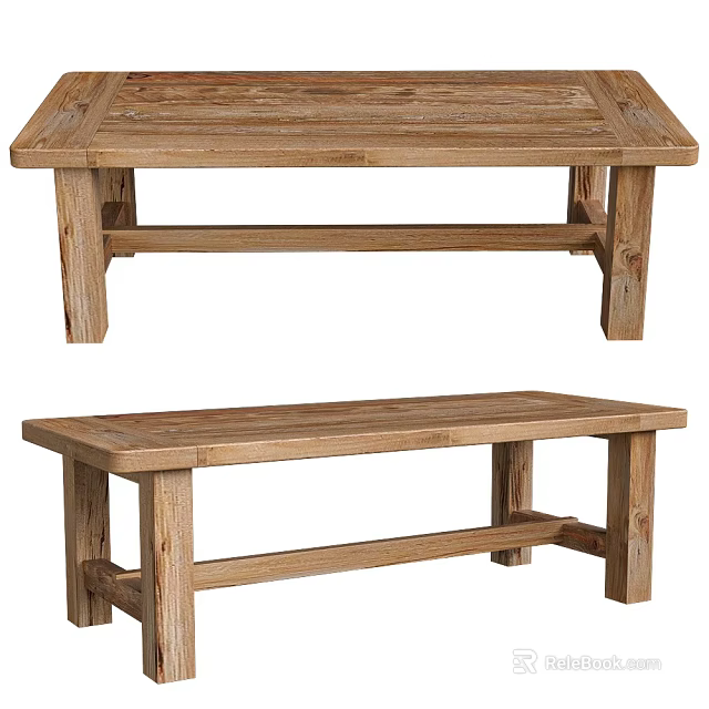 Rustic Solid Wood Dining Table With Matching Bench And Sturdy Design 3d model 