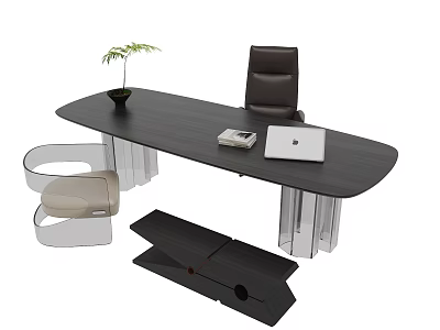 Modern Black Office Desk With Laptop Telephone Small Plant And Leather Chair 3d model