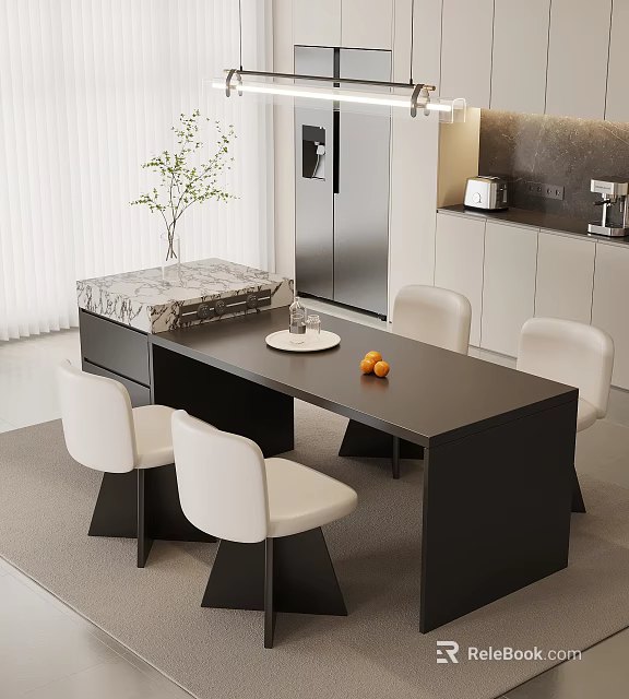 Modern Open Kitchen Interior With Marble Island Dining Table And White Chairs 3d model 