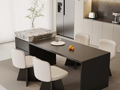 Modern Open Kitchen Interior With Marble Island Dining Table And White Chairs 3d model