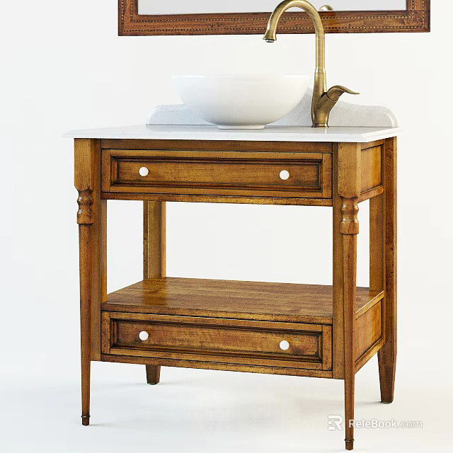 Wooden Washstand With Two Drawers Marble Countertop White Bowl Sink And Gold Faucet 3d model 