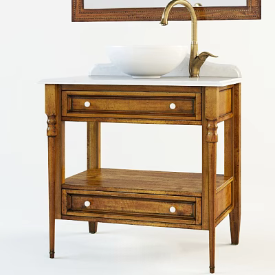 Wooden Washstand With Two Drawers Marble Countertop White Bowl Sink And Gold Faucet 3d model