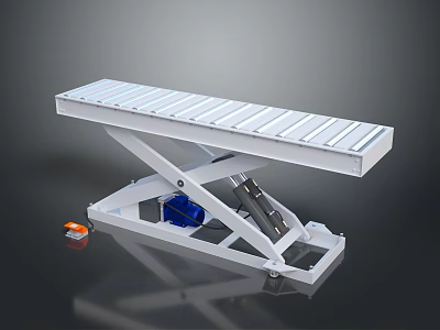Industrial Scissor Lift Table With White Metal Platform Blue Hydraulic Motor And Control Device 3d model