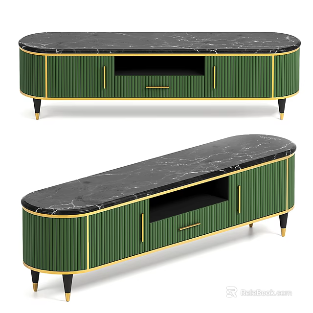 Modern Green TV Stand With Black Marble Top And Gold Accents 3d model 