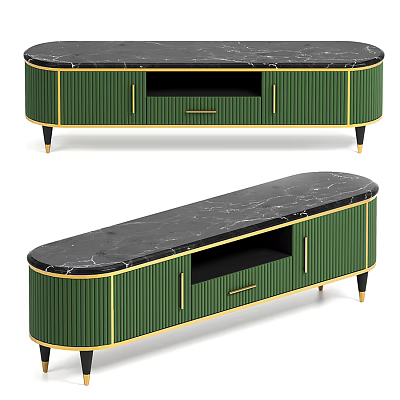 Modern Green TV Stand With Black Marble Top And Gold Accents 3d model