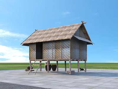 Traditional Thatch Roof Pergola With Clay Pots On Stone Slab Ground Against Blue Sky 3d model