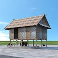 Traditional Thatch Roof Pergola With Clay Pots On Stone Slab Ground Against Blue Sky