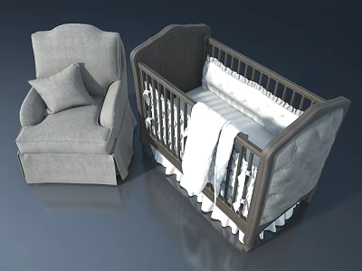 Gray Armchair And Wooden Pet Cabinet With White Blanket And Lace Trim 3d model