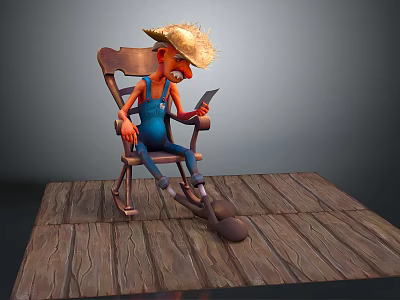 Game Movie Character Wearing Straw Hat Blue Overalls Sitting On Wooden Chair Holding Smartphone 3d model