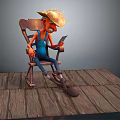 Game Movie Character Wearing Straw Hat Blue Overalls Sitting On Wooden Chair Holding Smartphone