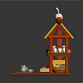 Red Toy Food Stall With Panda Rabbit Decorations And Bread Fruits Cakes In Basket