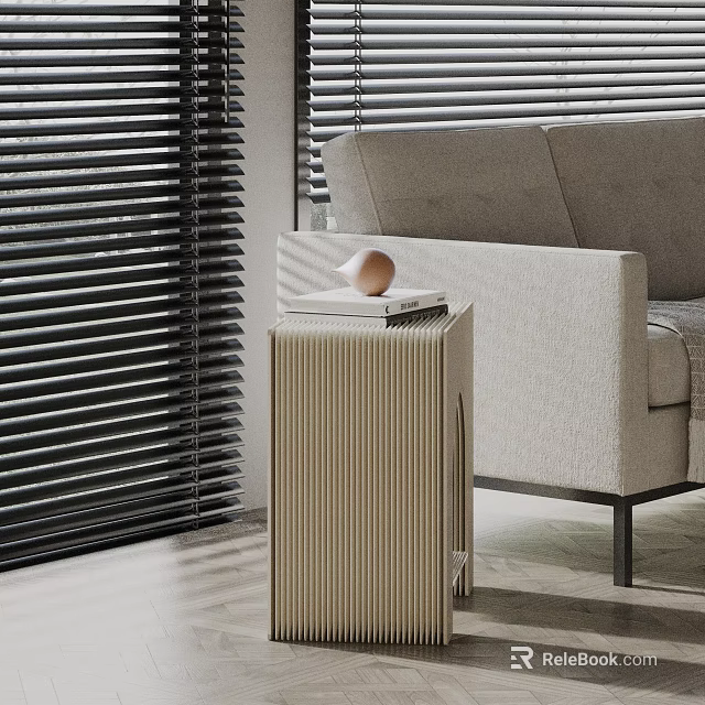 Stylish Striped Side Table With Book And Decorative Sphere By Gray Sofa And Blinds 3d model 