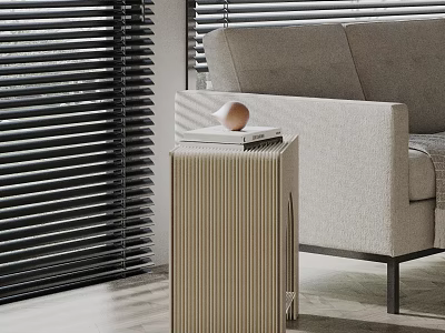 Stylish Striped Side Table With Book And Decorative Sphere By Gray Sofa And Blinds 3d model