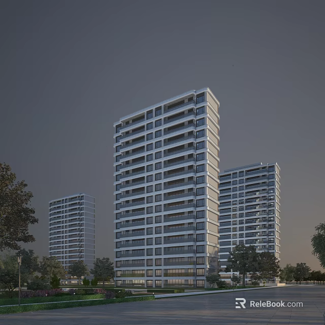 Modern High Rise Residential Building Exterior View With Balconies And Trees 3d model 