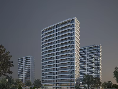 Modern High Rise Residential Building Exterior View With Balconies And Trees 3d model