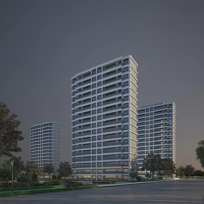 Modern High Rise Residential Building Exterior View With Balconies And Trees 3d model