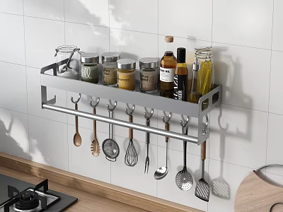 Kitchen Wall Mounted Shelf With Spice Jars And Hanging Utensils On White Tile Wall 3d model