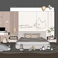 Kids Room Interior Design With Soft Colors Bed Cat Decorative Painting Balloons And Toys