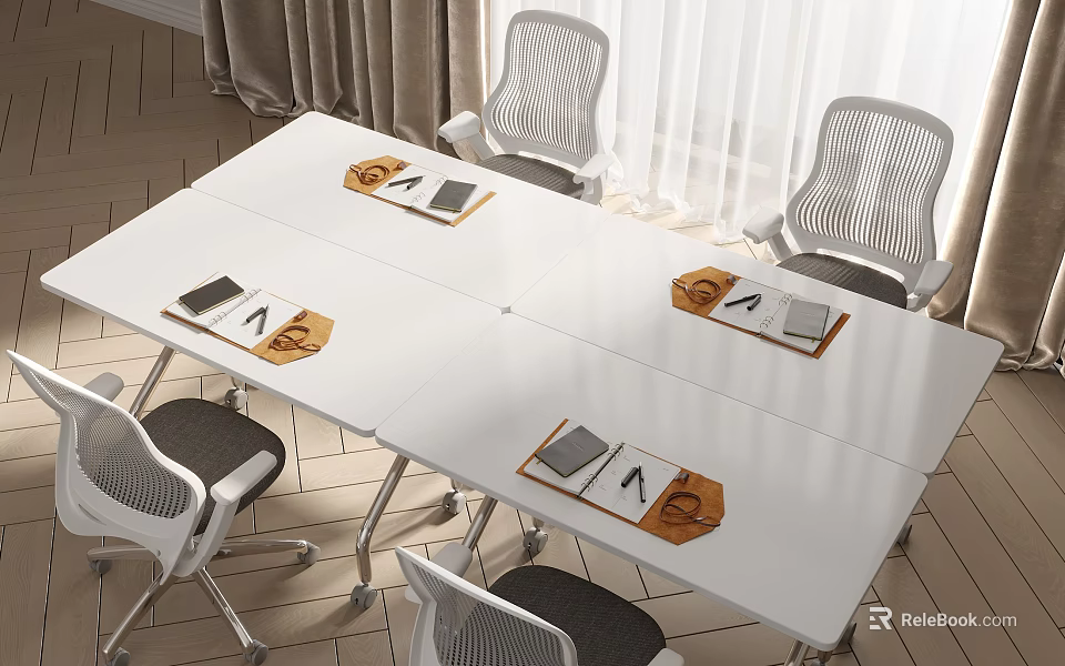 Modern Dining Table Set With White Tabletop And Mesh Back Chairs Near Window 3d model 