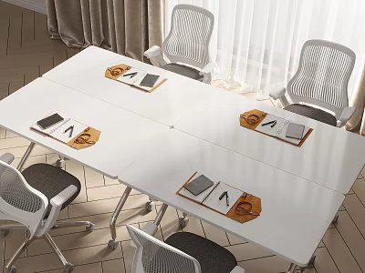 Modern Dining Table Set With White Tabletop And Mesh Back Chairs Near Window 3d model