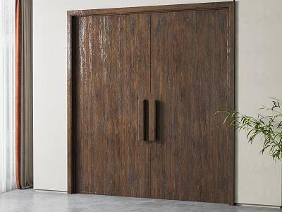 Dark Brown Wooden Double Doors With Black Handles And Natural Wood Grain Design 3d model