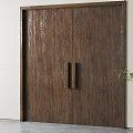 Dark Brown Wooden Double Doors With Black Handles And Natural Wood Grain Design