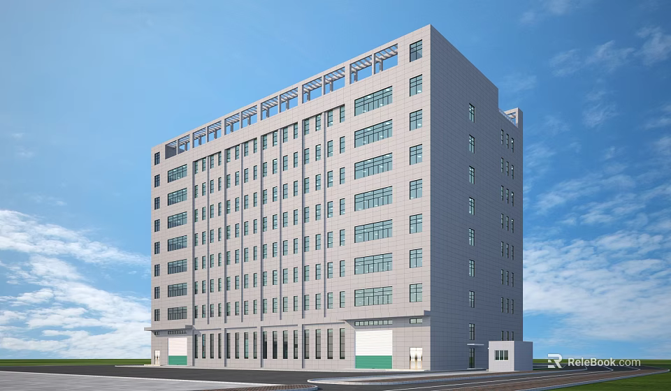 Aerial Planning Of Modern Multi Storey Building With Gray Exterior And Green Entrances 3d model 