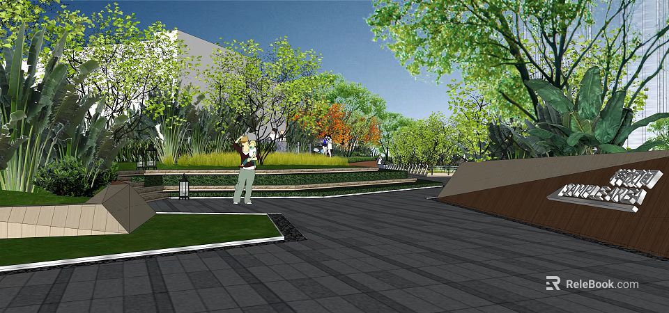 Scenic Waterside Landscape With Walkway Green Trees And Leisure Facilities 3d model 