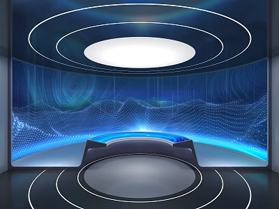 Futuristic Public Facility Interior With Circular Design Glowing Ceiling And Blue Digital Background 3d model