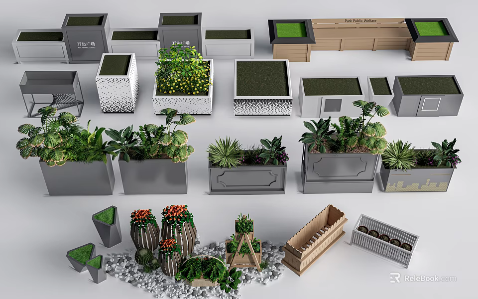Flower Pots and Planters Various Modern Designs for Outdoor Garden Decoration with Green Plants 3d model 