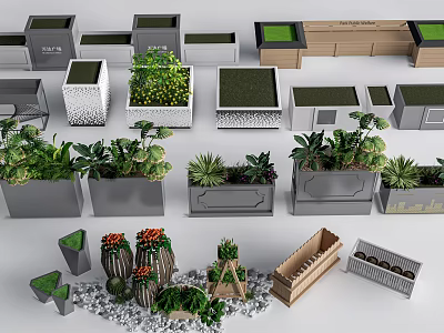 Flower Pots and Planters Various Modern Designs for Outdoor Garden Decoration with Green Plants 3d model