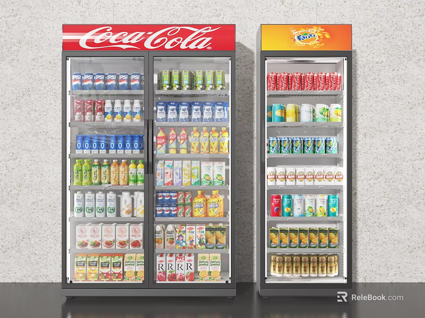 Upright Display Freezers With Coca Cola And Fanta Stocked With Various Beverages 3d model 