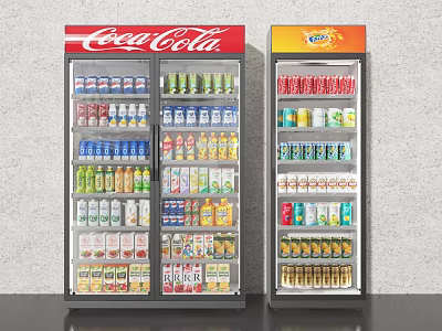 Upright Display Freezers With Coca Cola And Fanta Stocked With Various Beverages 3d model