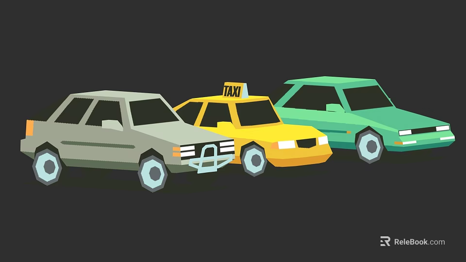 Three Different Colored Cars Featuring Yellow Taxi Green And Gray Vehicles 3d model 