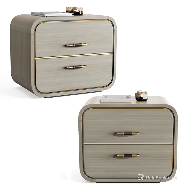 Modern Light Gray Nightstands With Gold Handles And Decorative Items On Top 3d model 