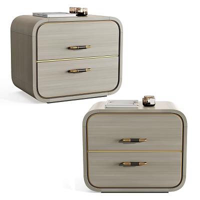 Modern Light Gray Nightstands With Gold Handles And Decorative Items On Top 3d model