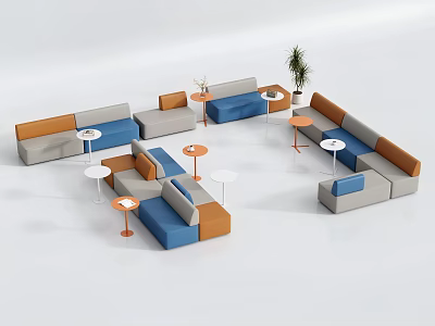 Modern Casual Sectional Sofa Set with Blue Grey Orange Modules and Round Side Tables 3d model