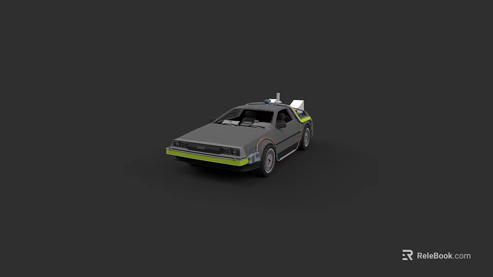 3D Rendered DeLorean Car Silver Gray With Green Stripes And Roof Mounted Device Black Background 3d model 