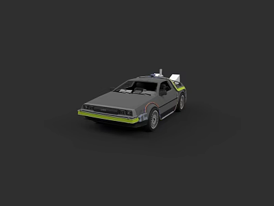 3D Rendered DeLorean Car Silver Gray With Green Stripes And Roof Mounted Device Black Background 3d model