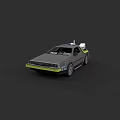 3D Rendered DeLorean Car Silver Gray With Green Stripes And Roof Mounted Device Black Background