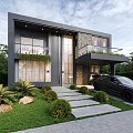 Modern Detached Villa Exterior With Stone Wall Large Glass Windows Balcony And Green Plants