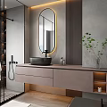 Modern Bathroom Interior Featuring Glass Shower Round Mirror Gray Walls Vanity Bathtub And Potted Plant