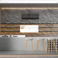 Modern Bar Counter With Stone Wall Coffee Beer Shelves And White Stools