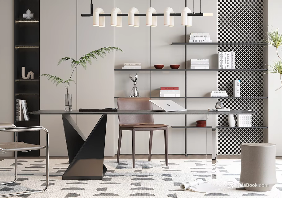 Modern Glass Desk With Geometric Black Base Chair Shelves Books And Pendant Lights 3d model 