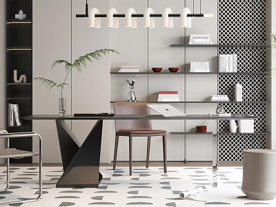 Modern Glass Desk With Geometric Black Base Chair Shelves Books And Pendant Lights 3d model